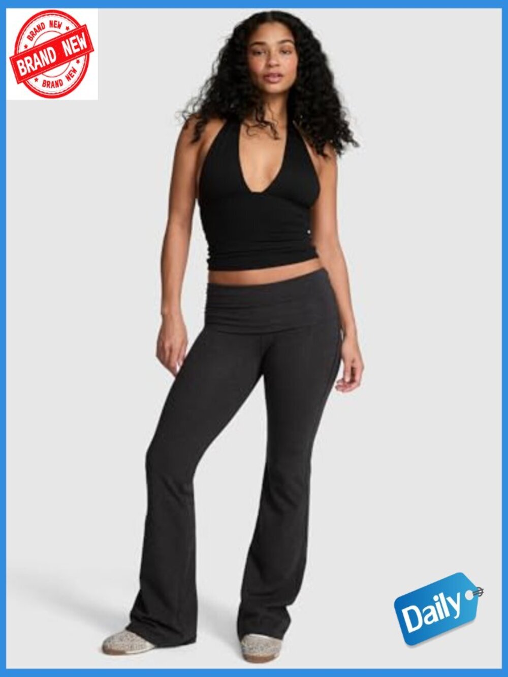 Cotton Foldover Flare Leggings - Mid Rise - Lightweight All-Day Cotton - Picture 2 of 6